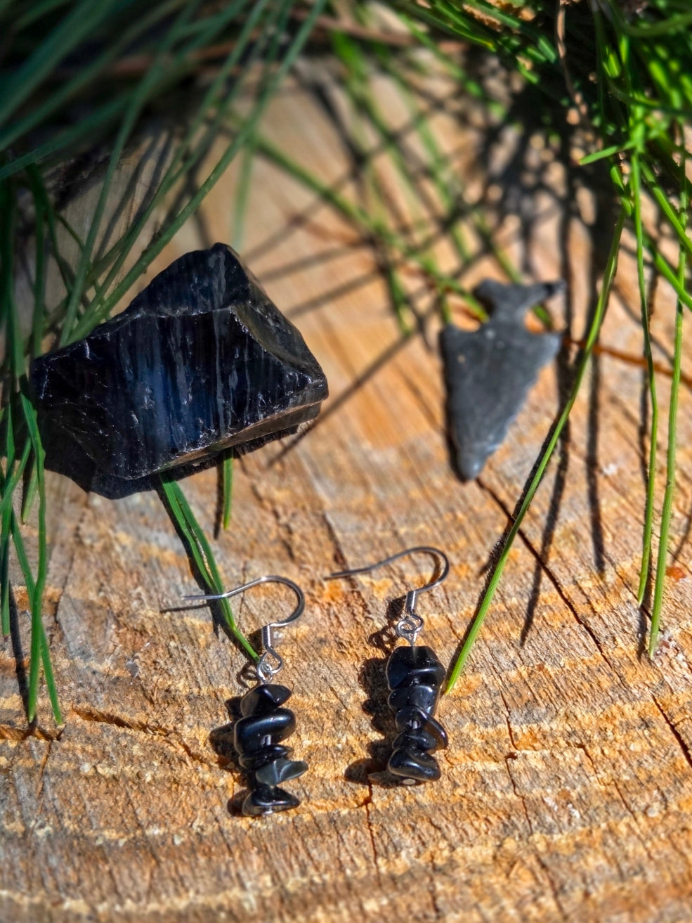 Chips of Earth Dangle Earrings-Obsidian
